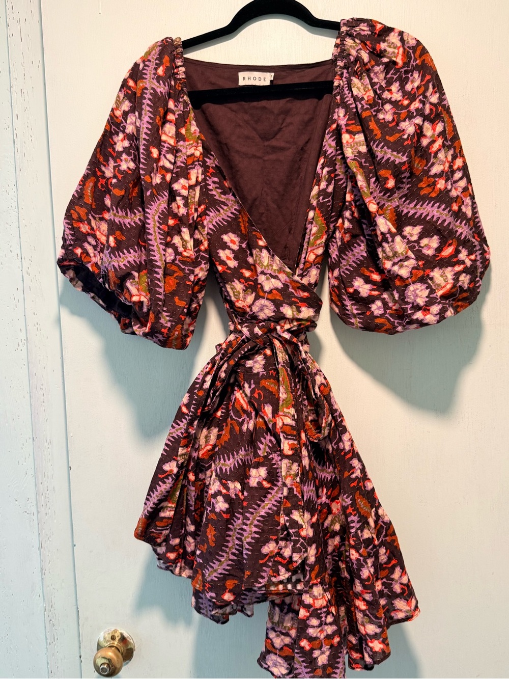 RHODE Brown Floral Wrap Mini Dress with Puff Sleeves